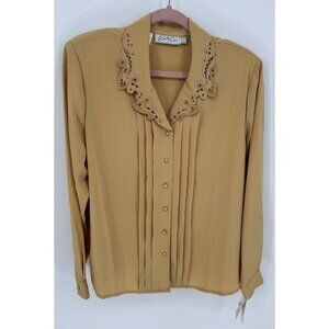 Vintage Kathy Che Beige Pleated Button-Up Blouse With Embroidered Collar Womens